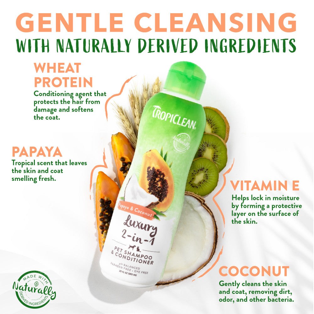 TropiClean Papaya & Coconut 2-In-1 Shampoo and Conditioner for Pets with ingredients listed on a white background