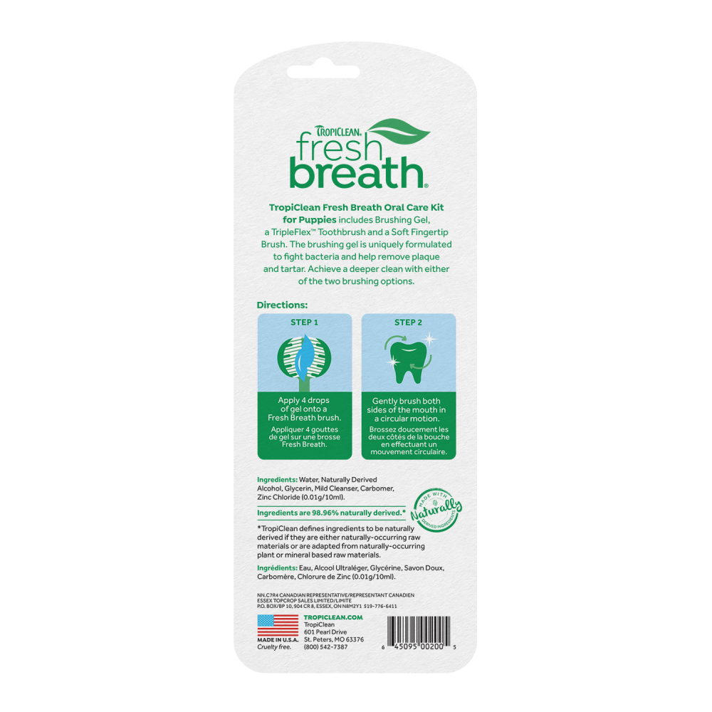 TropiClean Fresh Breath Oral Care Kit for puppies back on a white background.
