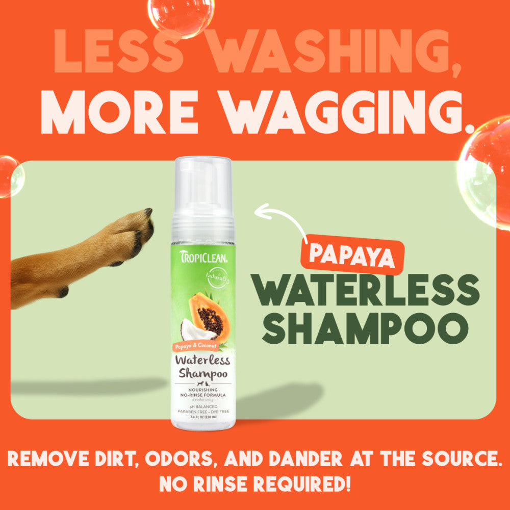 TropiClean Papaya & Coconut Waterless Shampoo for Dogs & Cats bottle with promotional text on an orange background