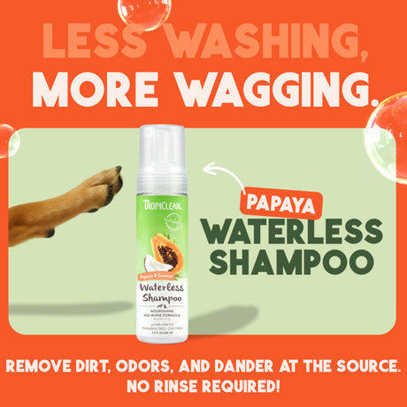 TropiClean Papaya & Coconut Waterless Shampoo for Dogs & Cats bottle with promotional text on an orange background