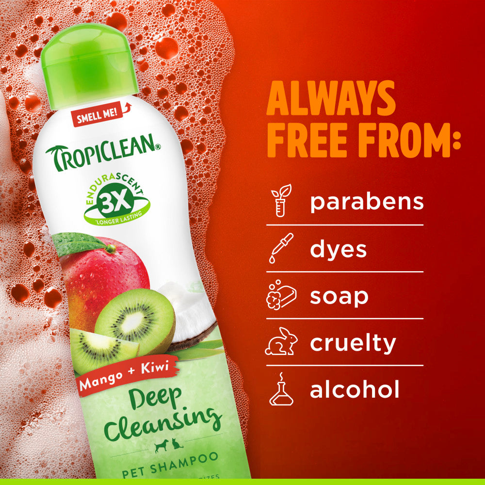 TropiClean EnduraScent™ Mango Kiwi Pet Shampoo with ingredients list on a red background