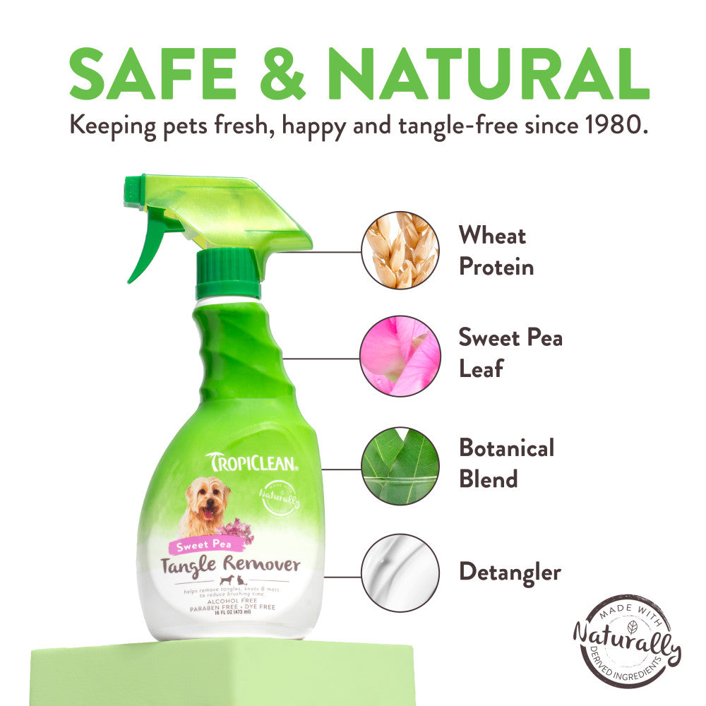 TropiClean Sweet Pea Tangle Remover Spray for Dogs & Cats bottle with product features on a white background