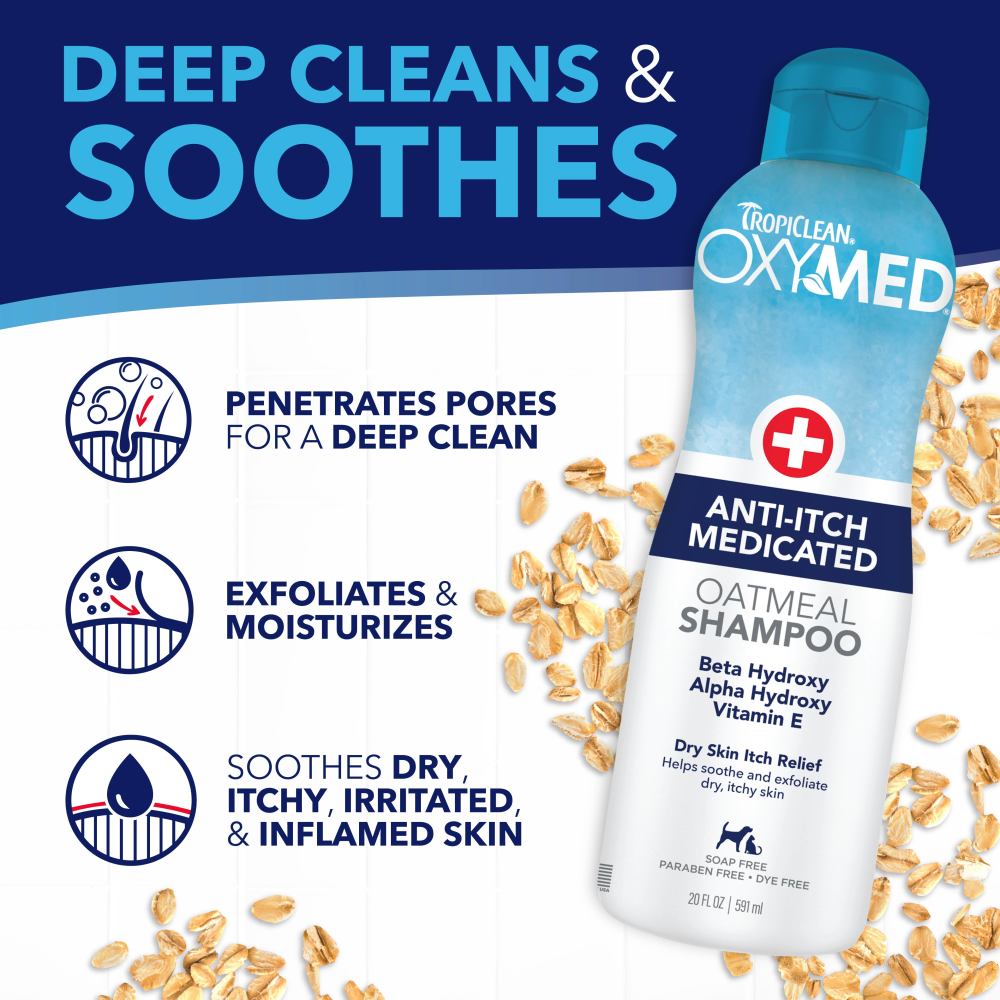 TropiClean OxyMed Medicated Anti Itch Shampoo for Pets with text highlighting benefits on a white background