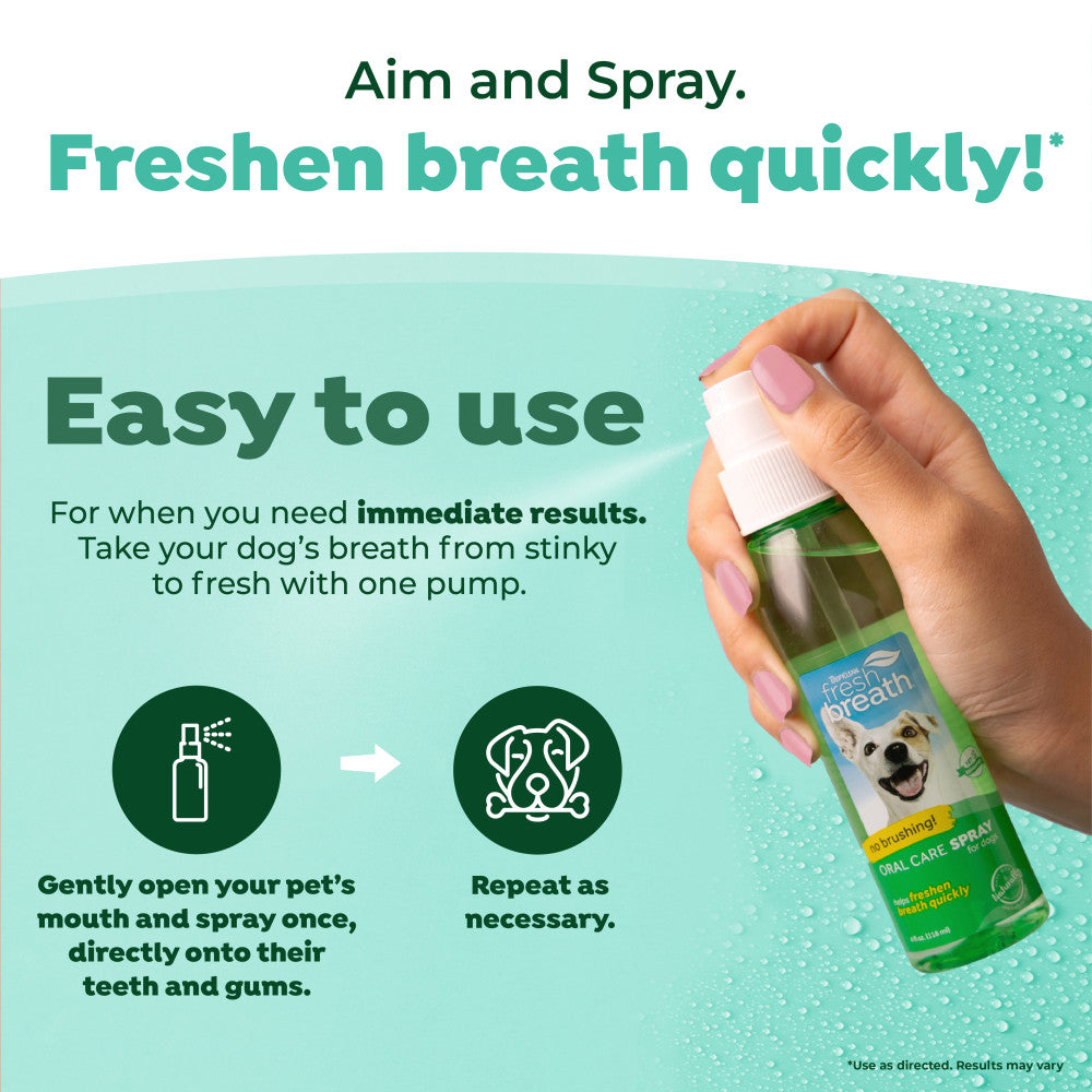 TropiClean Fresh Breath Oral Care Spray for Pets with a hand holding it and text on a green background