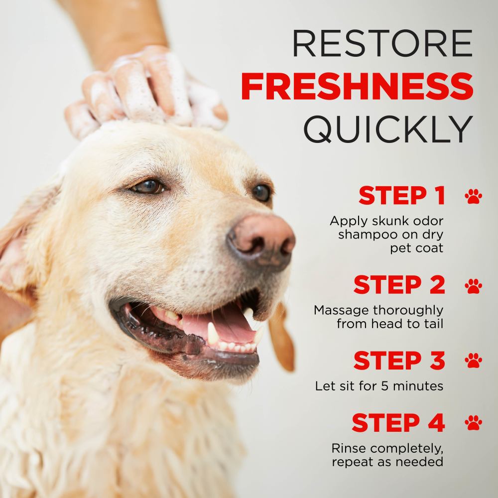 TropiClean Skunk Odor Control Shampoo for Dogs & Cats. Dog being washed with text on how to restore freshness quickly