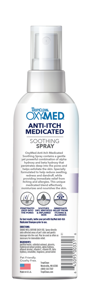 TropiClean OxyMed Medicated Anti-itch Spray for Pets, back of 8oz spray bottle