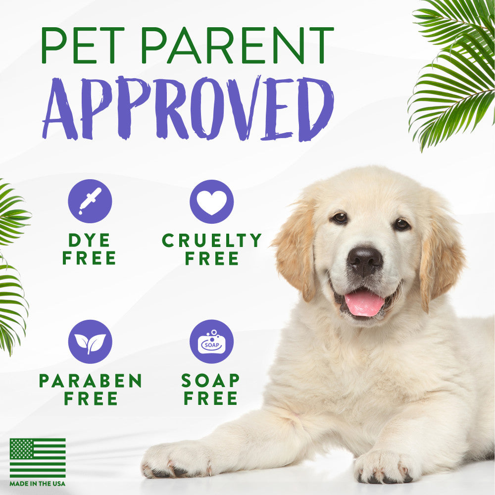 Dog with 'Pet Parent Approved' label, highlighting dye-free, cruelty-free, paraben-free, soap-free, and made in the USA attributes.