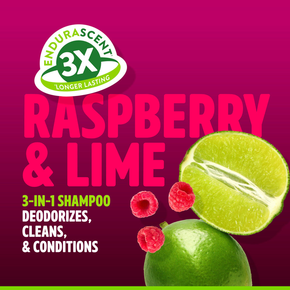TropiClean EnduraScent Raspberry Lime Deodorizing Shampoo. Image of product on a purple background with green lime and red raspberries.