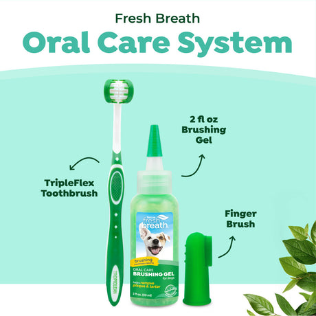 Dog oral care system with toothbrush, brushing gel, and finger brush on a light green background. TropiClean Fresh Breath Plaque & Tartar Control Kit for Puppies
