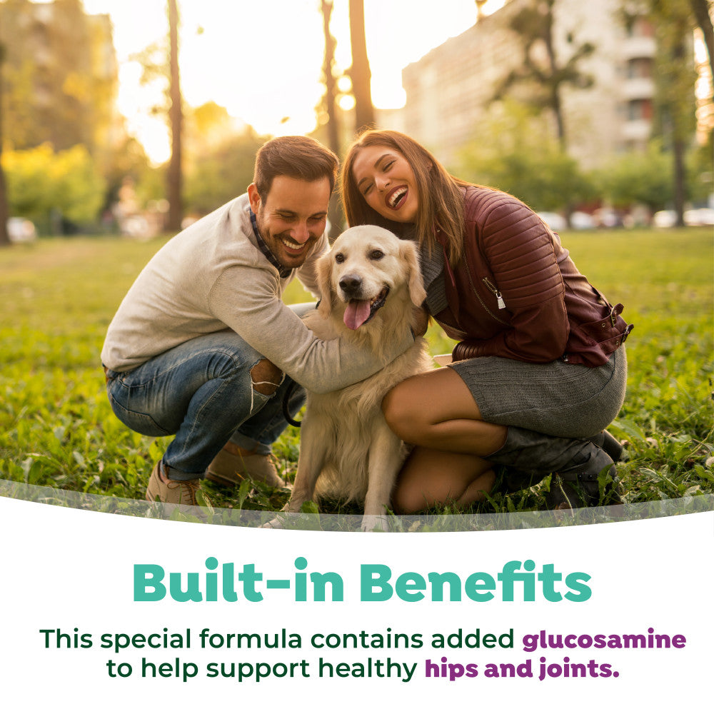Fresh Breath by TropiClean Oral Care Water Additive Plus Hip & Joint for Pets. Couple with a dog in a park, promoting special formula with glucosamine benefits.