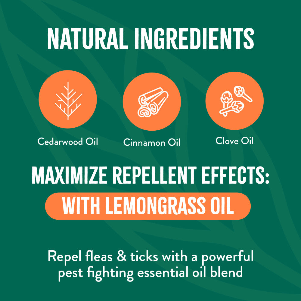 TropiClean Flea and Tick Pet & Bedding Spray for Dogs. Promotional graphic for natural ingredients with icons and text on a green background