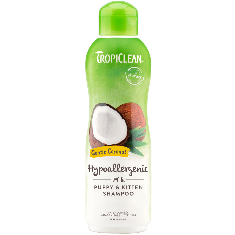 TropiClean Gentle Coconut Hypoallergenic Puppy and Kitten Shampoo, image of front of bottle