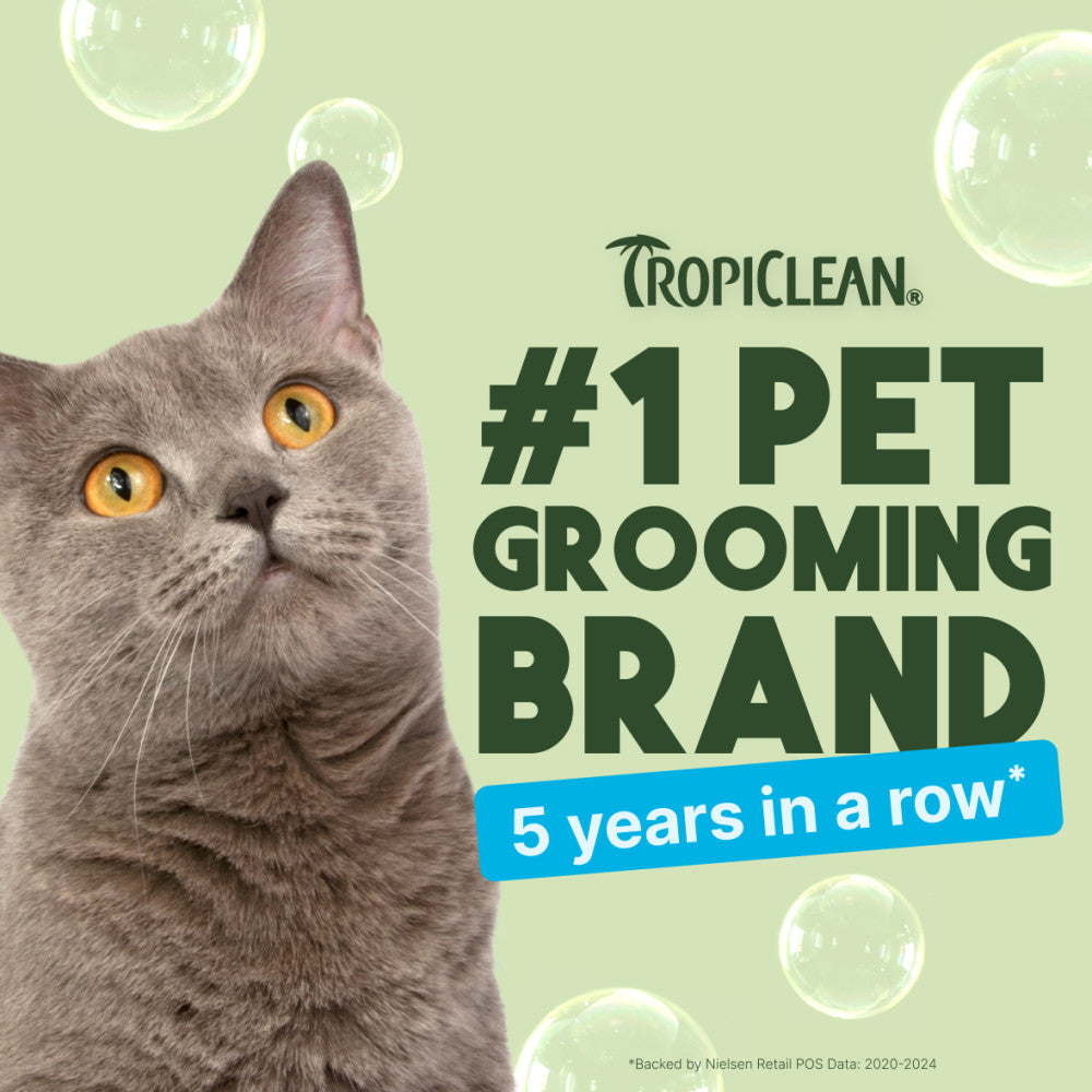 Gray cat with Tropiclean branding on a light green background