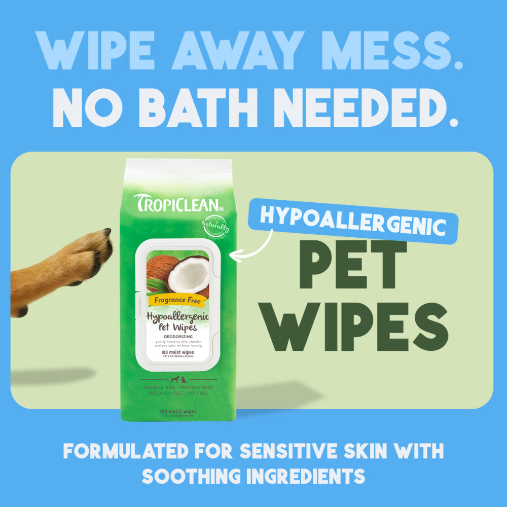 TropiClean Hypoallergenic Cleaning Pet Wipes packaging with promotional text