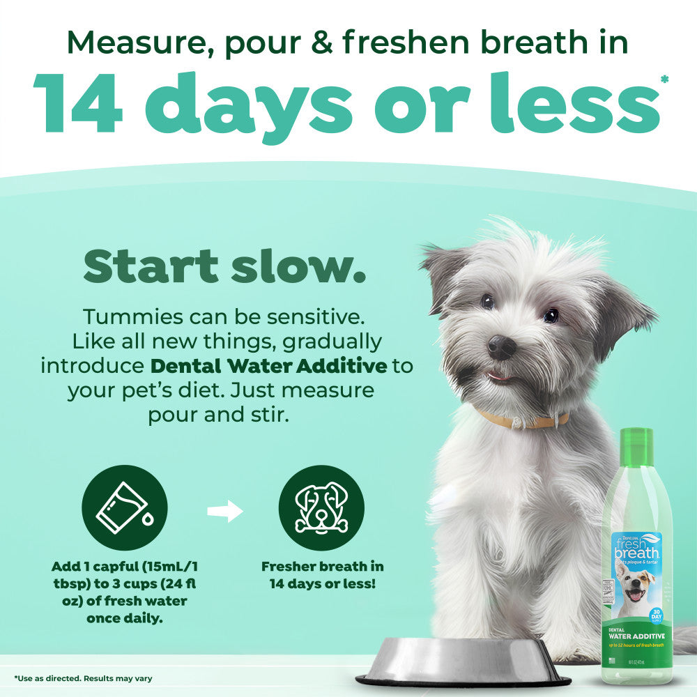 Dog with TropiClean Fresh Breath Oral Care Water Additive for Pets and text on a light green background