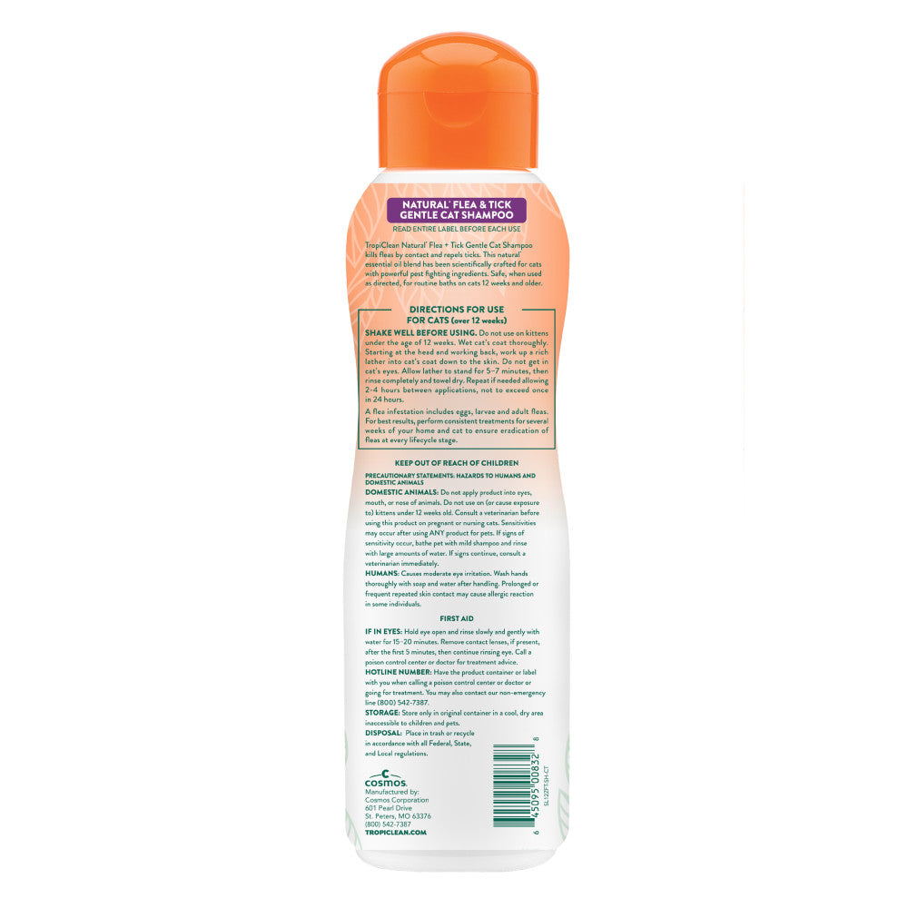 TropiClean Natural Flea + Tick Gentle Cat Shampoo, image of back of bottle