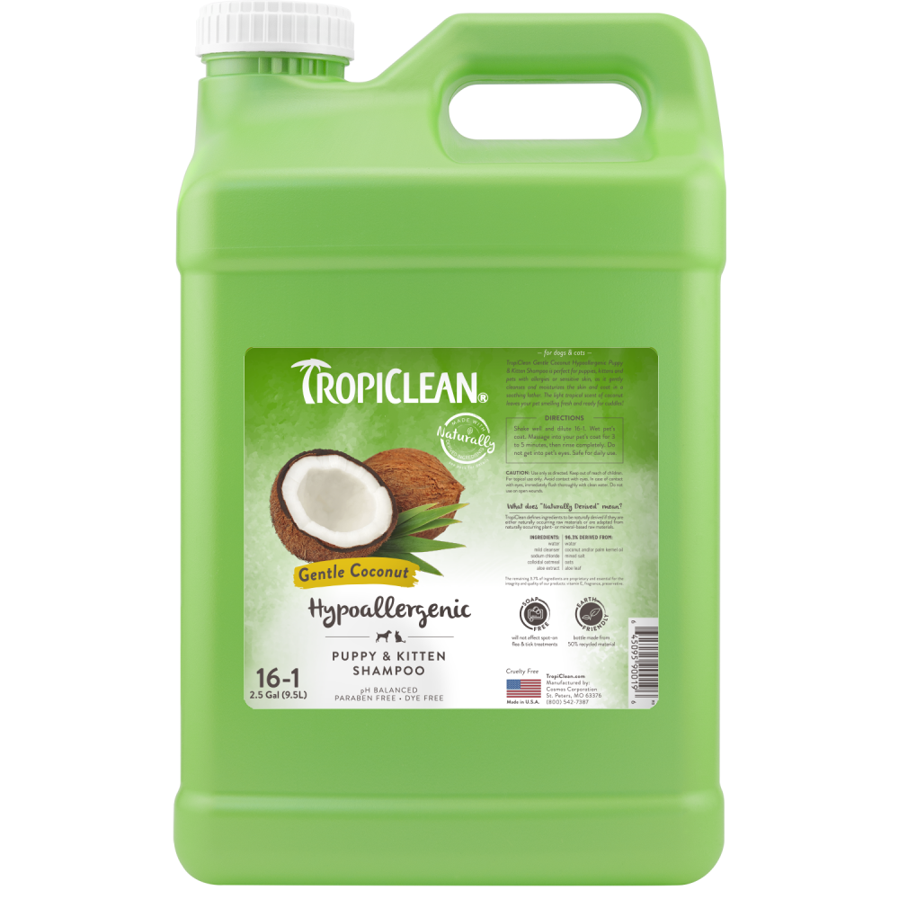 TropiClean Gentle Coconut Hypoallergenic Puppy and Kitten Shampoo, image of 2.5 gal bottle