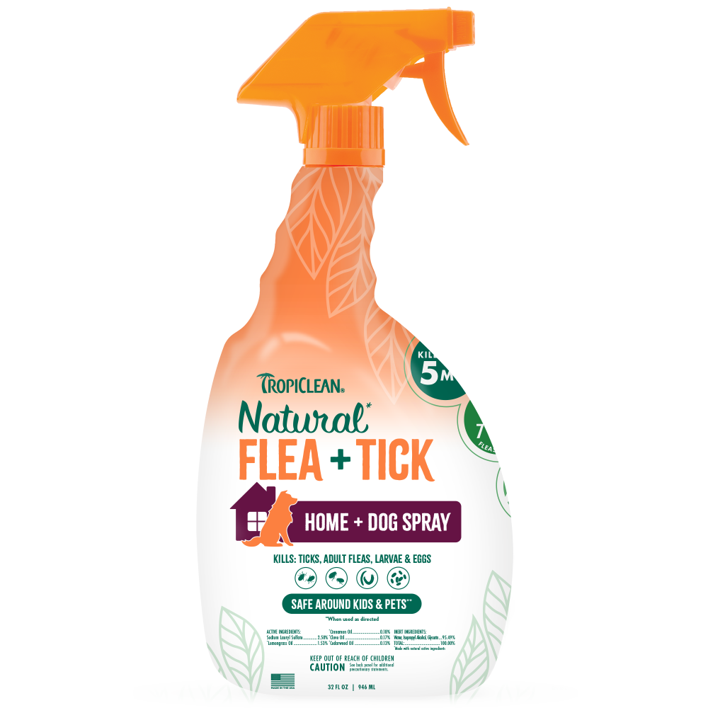 TropiClean Flea and Tick Pet & Bedding Spray for Dogs, front of 32oz spray bottle