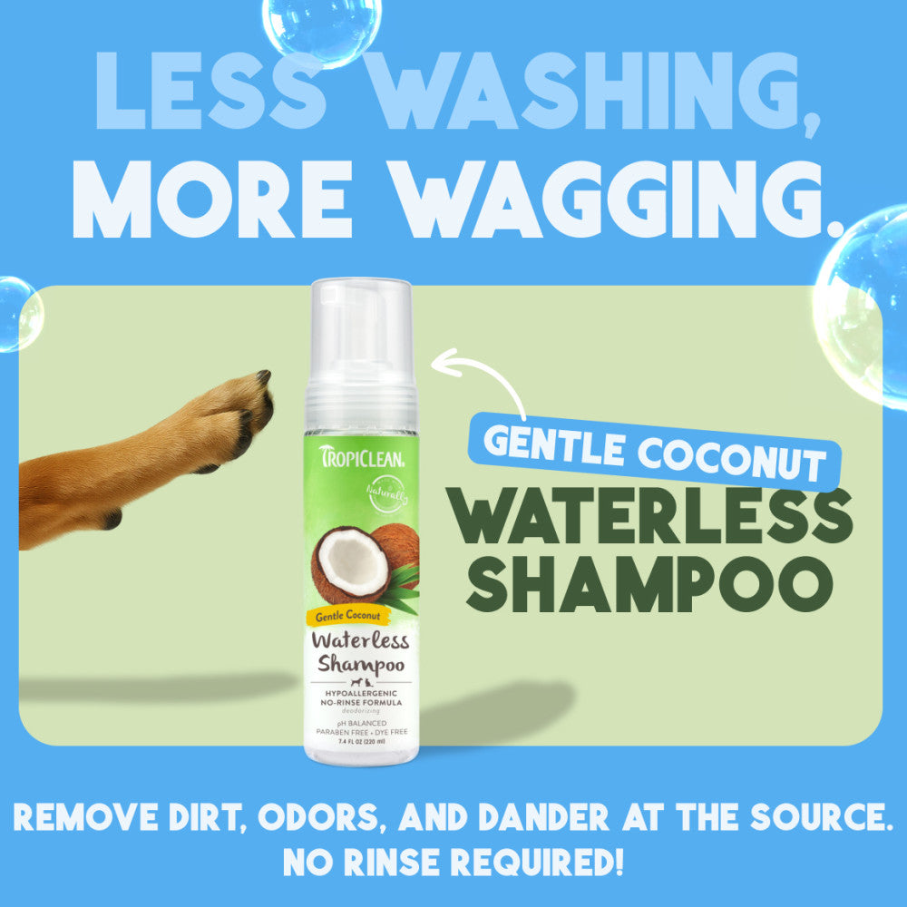 TropiClean Hypoallergenic Waterless Shampoo for Dogs and Cats bottle with promotional text on a blue background