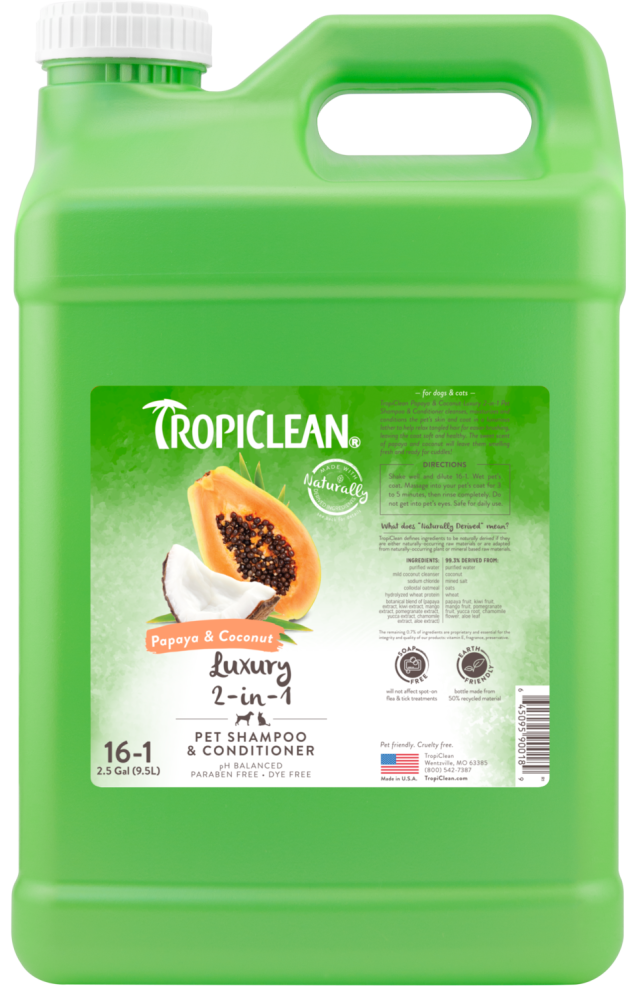 TropiClean Papaya & Coconut 2-In-1 Shampoo and Conditioner for Pets, front of 2.5gal bottle