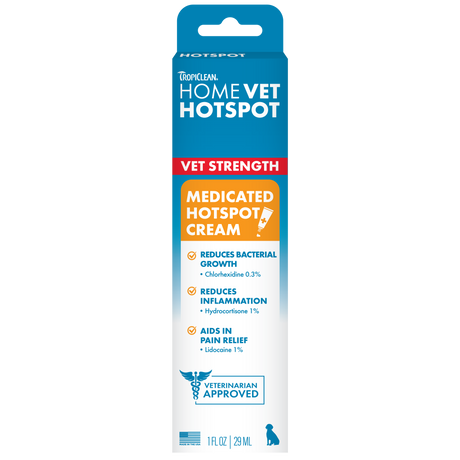 HomeVet Medicated Hot Spot Cream for Dogs by TropiClean, image of box front.