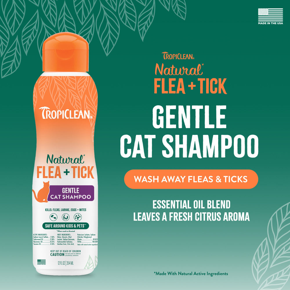 TropiClean Natural Flea + Tick Gentle Cat Shampoo, image with text