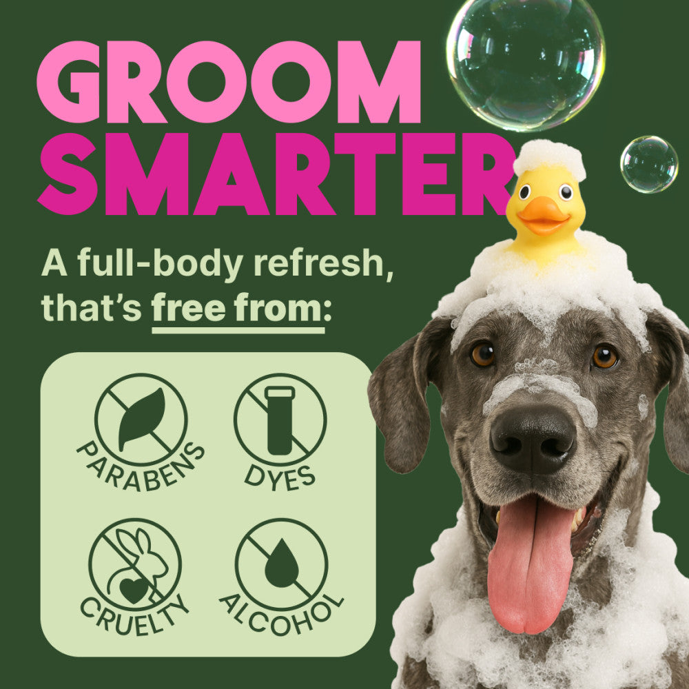 TropiClean Berry & Coconut Deep Cleansing Shampoo for Pets. Dog with soap suds with 'Groom Smarter' text and product benefits.