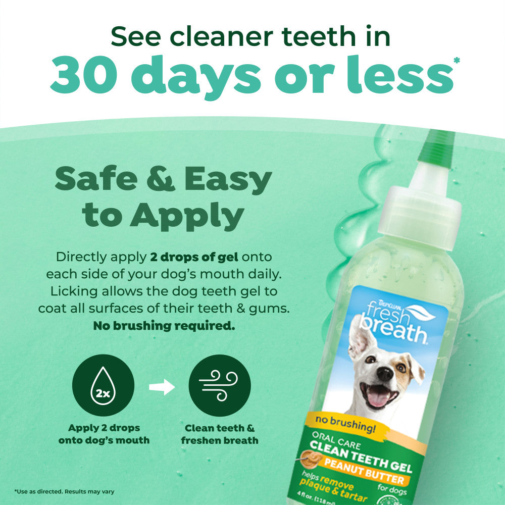 TropiClean Fresh Breath Peanut Butter Dental & Oral Care Gel for Dogs with text on instructions