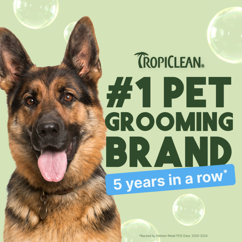 German Shepherd with Tropiclean branding claiming #1 pet grooming brand for 5 years