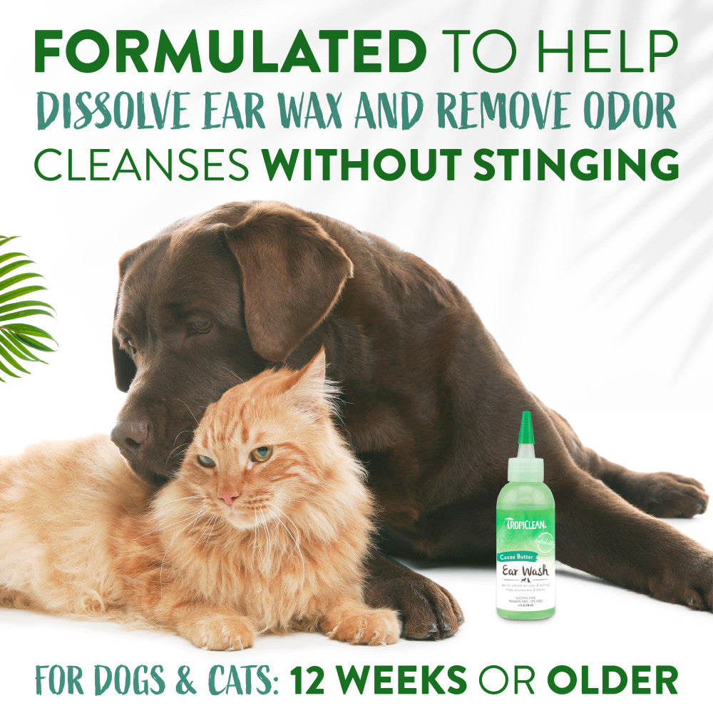 Dog and cat with a bottle of TropiClean Alcohol-Free Ear Wash for Dogs & Cats
