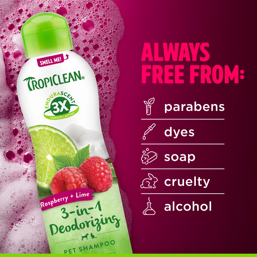 TropiClean EnduraScent Raspberry Lime Deodorizing Shampoo bottle with ingredients list on a pink background