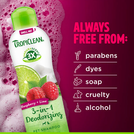 TropiClean EnduraScent Raspberry Lime Deodorizing Shampoo bottle with ingredients list on a pink background
