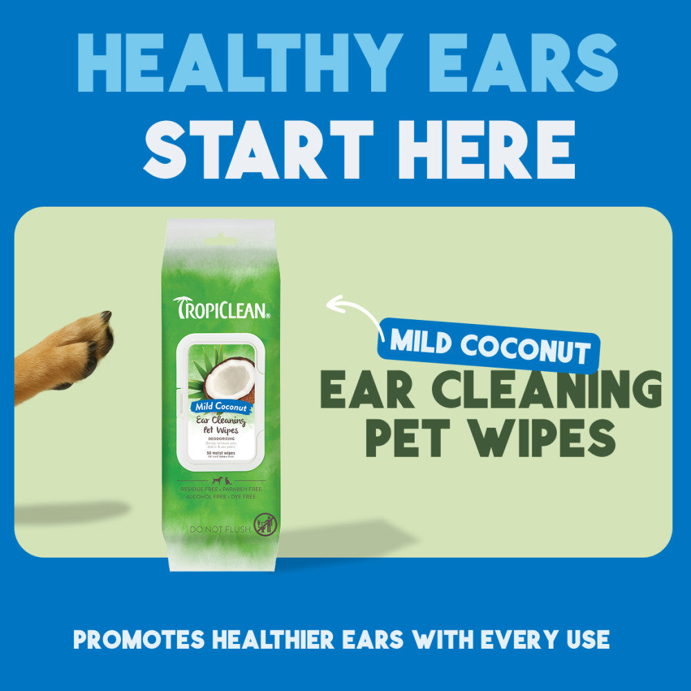 TropiClean Mild Coconut Dog & Cat Ear Cleaning Wipes packaging with promotional text on a blue and green background.
