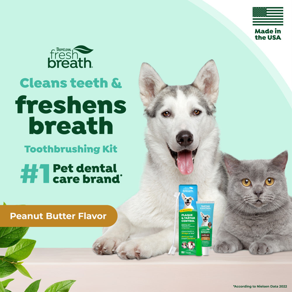 Dog and cat with TropiClean Fresh Breath Peanut Butter Oral Care Kit for Dogs & Cats