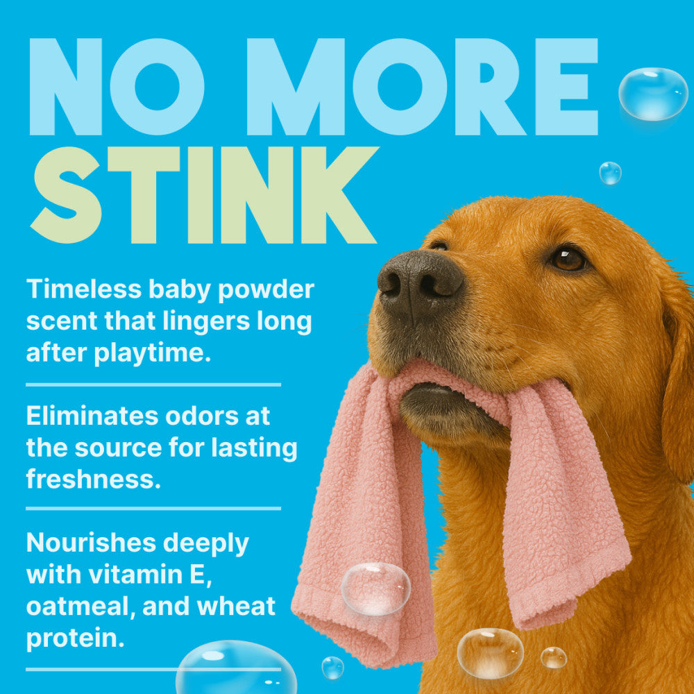 Dog with a pink towel with text about TropiClean Baby Powder Deodorizing Spray for Dogs & Cats.