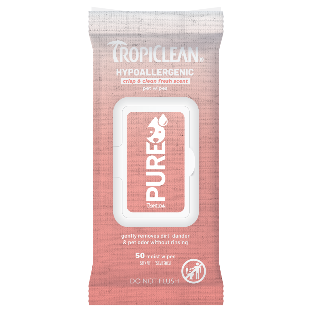 TropiClean PURE Hypoallergenic Plant-Based Wipes for Dogs & Cats, front of 50ct package