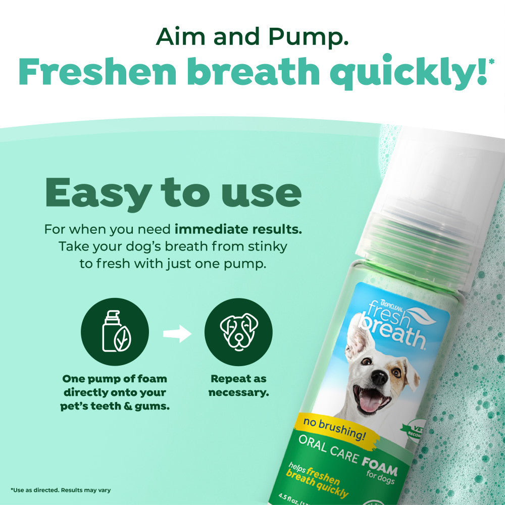 TropiClean Fresh Breath Mint Foam for Dogs. Dog breath freshener product with text