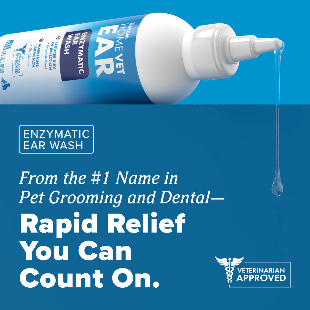 TropiClean HomeVet Enzymatic Ear Wash for Cats & Dogs with text on a blue background