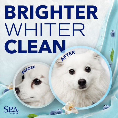 SPA by TropiClean Tear Stain Remover for Pets, before and after comparison on a white dog.