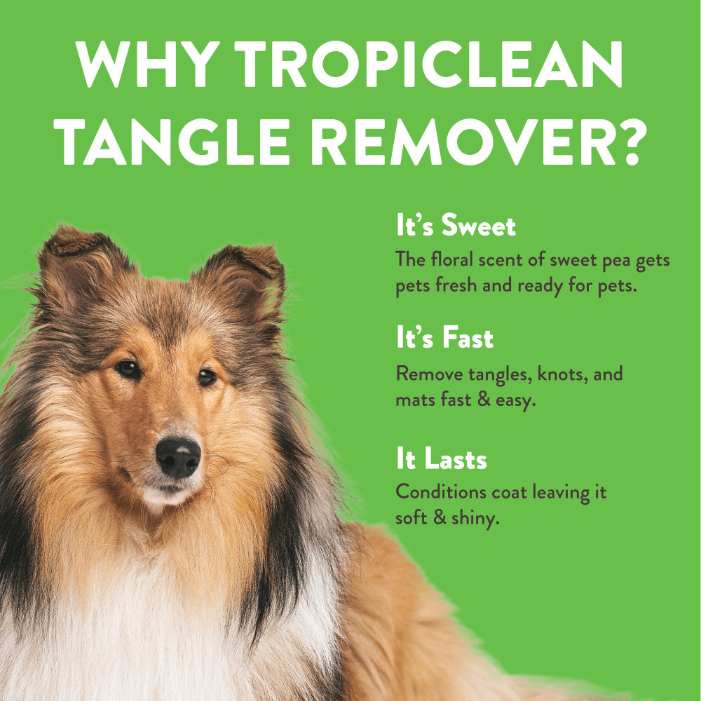 Dog with TropiClean Sweet Pea Tangle Remover Spray for Dogs & Cats text on a green background