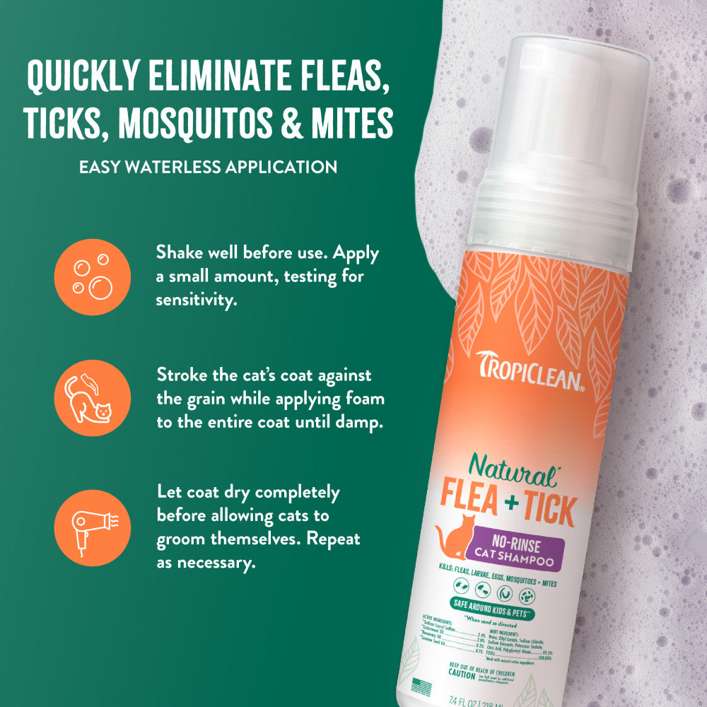 TropiClean Natural Flea + Tick no-rinse cat shampoo with usage instructions on a green background