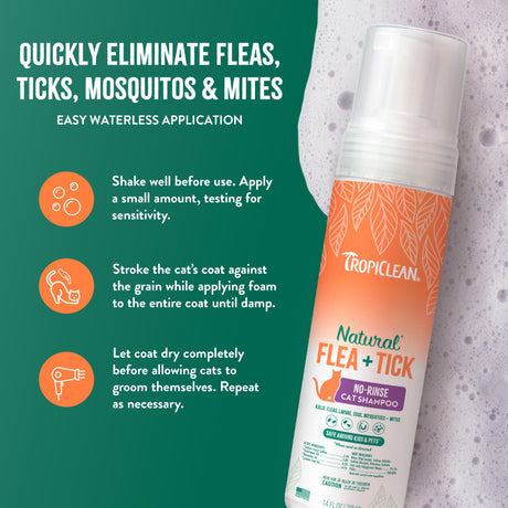 TropiClean Natural Flea + Tick no-rinse cat shampoo with usage instructions on a green background