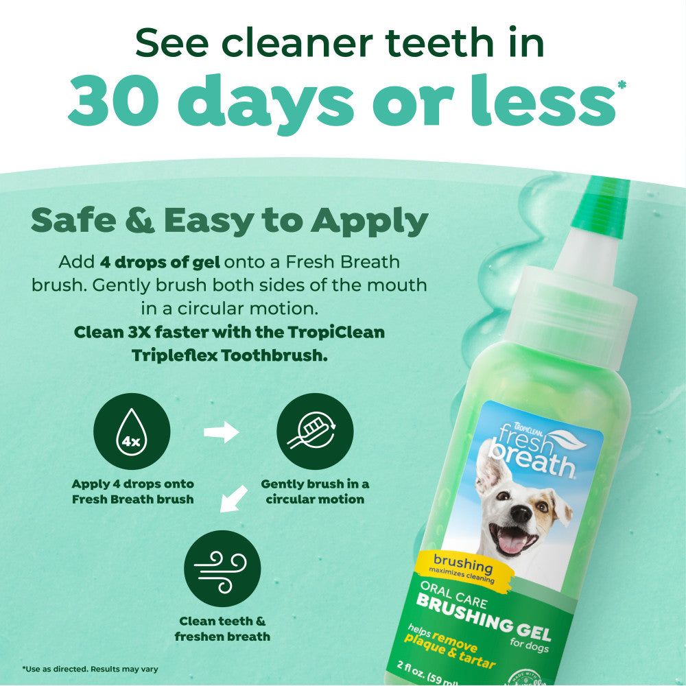 TropiClean Fresh Breath Dental & Oral Care Brushing Gel for Pets oral care product with application instructions