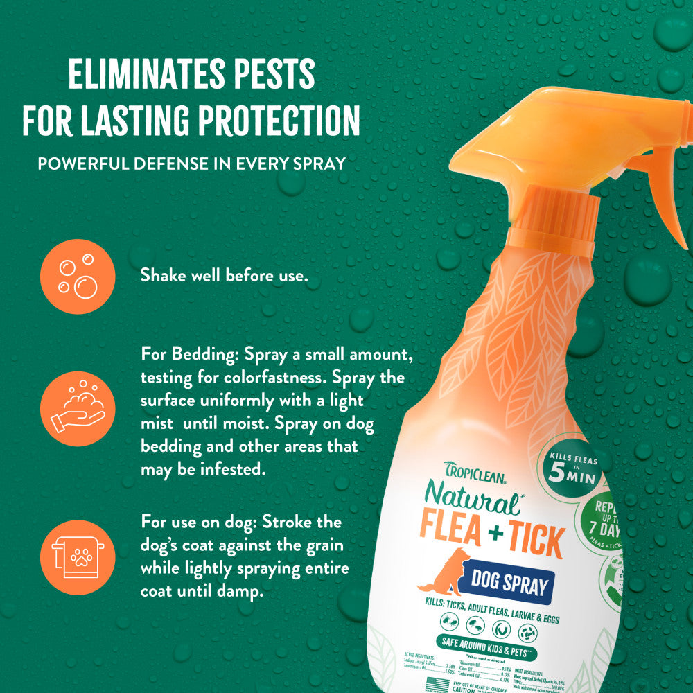 TropiClean Flea and Tick Pet & Bedding Spray for Dogs. Dog spray bottle with usage instructions on a green background