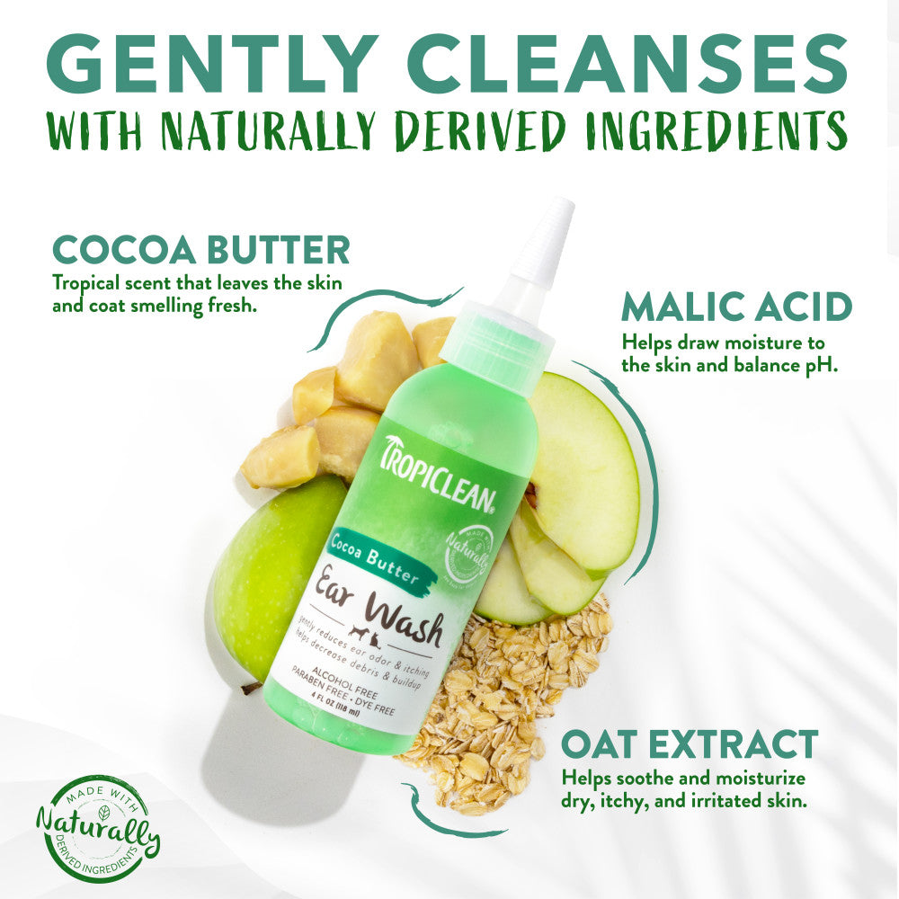 TropiClean Alcohol-Free Ear Wash for Dogs & Cats with ingredients displayed on a white background