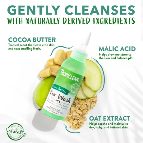 TropiClean Alcohol-Free Ear Wash for Dogs & Cats with ingredients displayed on a white background