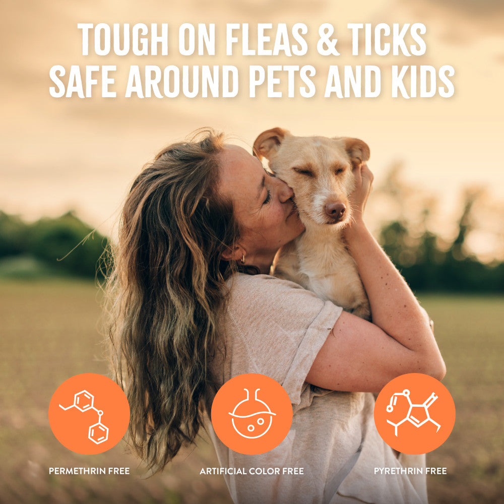 Woman holding a dog in a field with text about product safety for pets and kids.