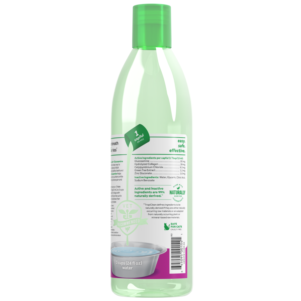 Fresh Breath by TropiClean Oral Care Water Additive Plus Hip & Joint for Pets, image of back of 16oz bottle