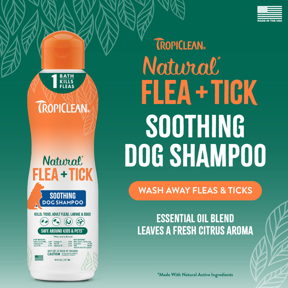 Tropiclean Natural Flea + Tick soothing dog shampoo, bottle on a green background with text.