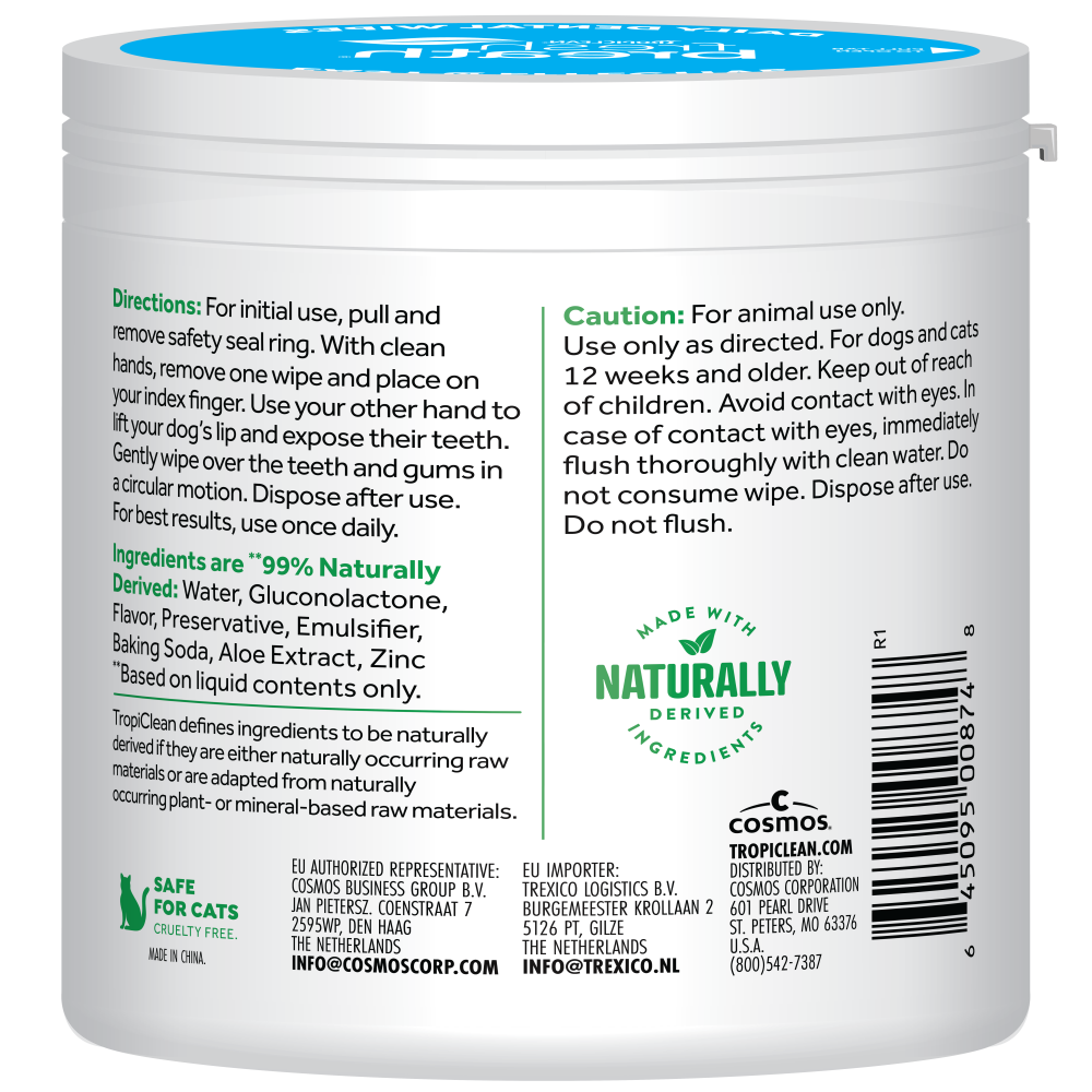 TropiClean Fresh Breath Finger Dental Wipes for Pets, back image of 50 count container